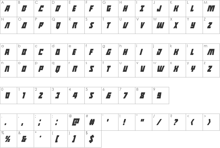 Halfshell Hero Italic font character map preview