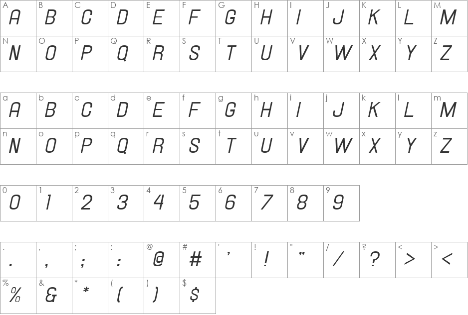 Hallandale Italic JL font character map preview
