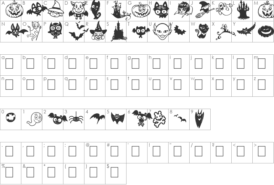HalloCuties font character map preview
