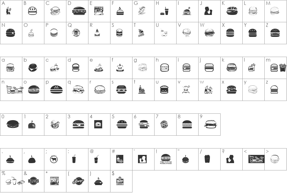 Hamburger font character map preview