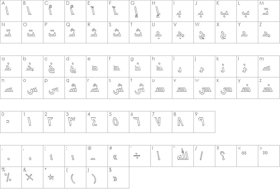 ArabicKufiOutlineSSK font character map preview