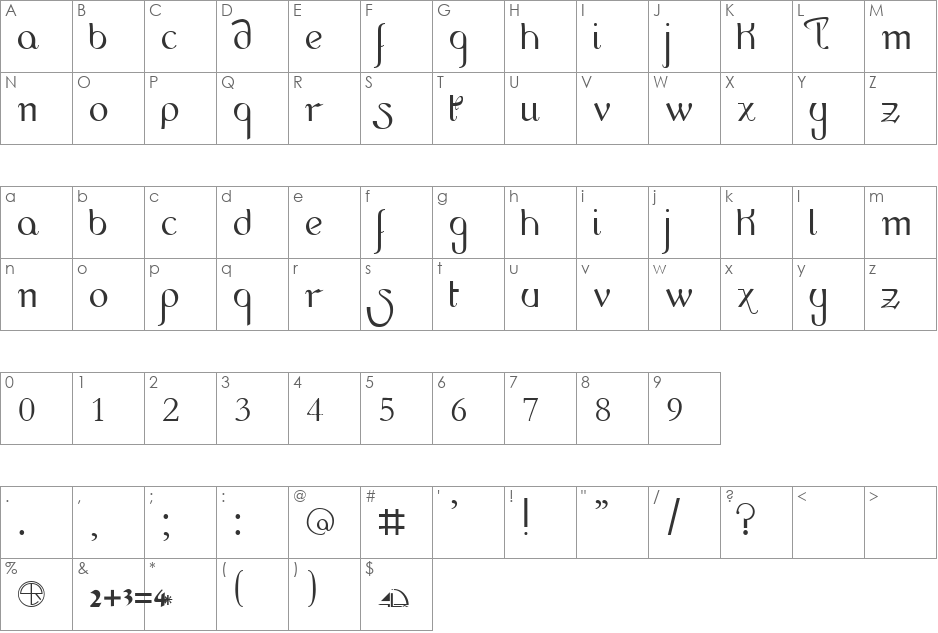 HandScript LCase 4LR font character map preview