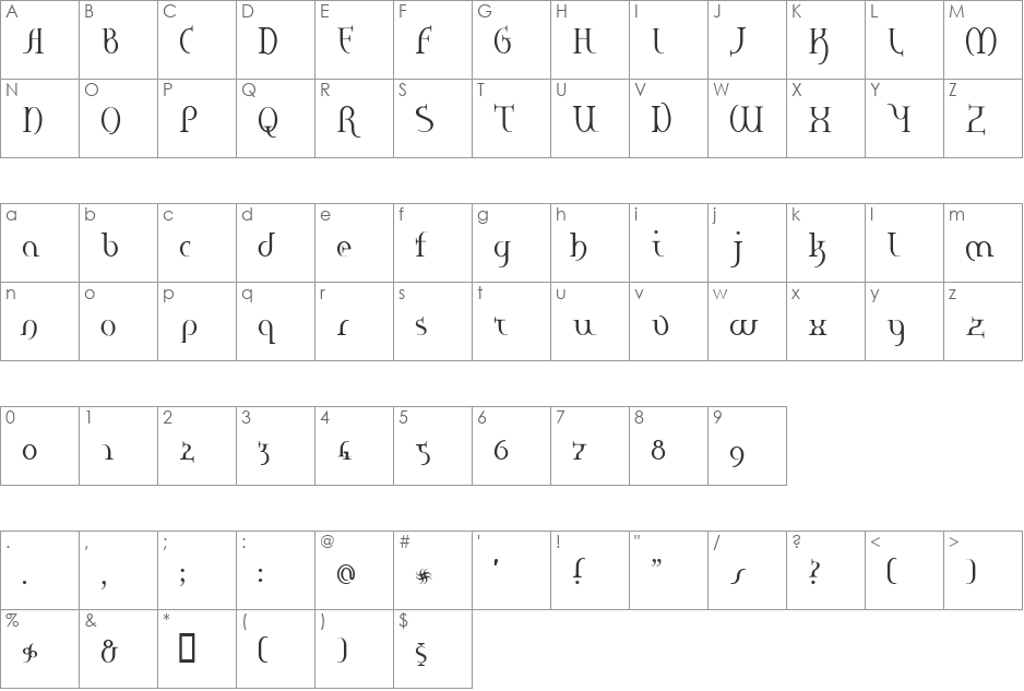 Hane font character map preview