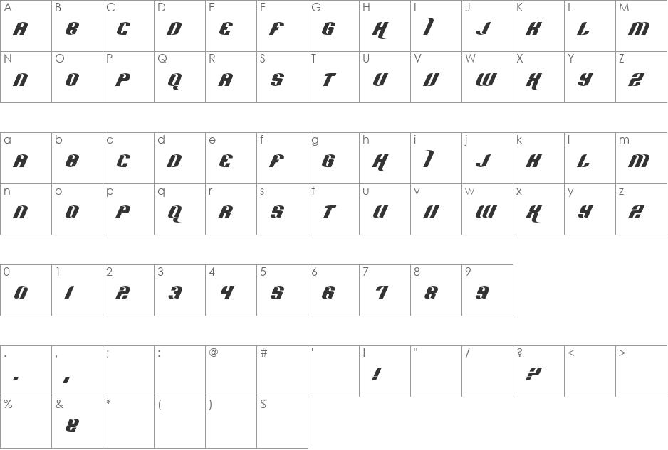 Hard Sports font character map preview