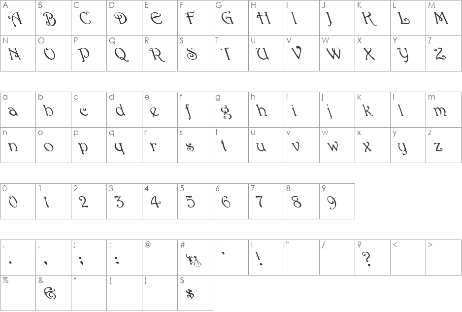 Harrington Leftified font character map preview