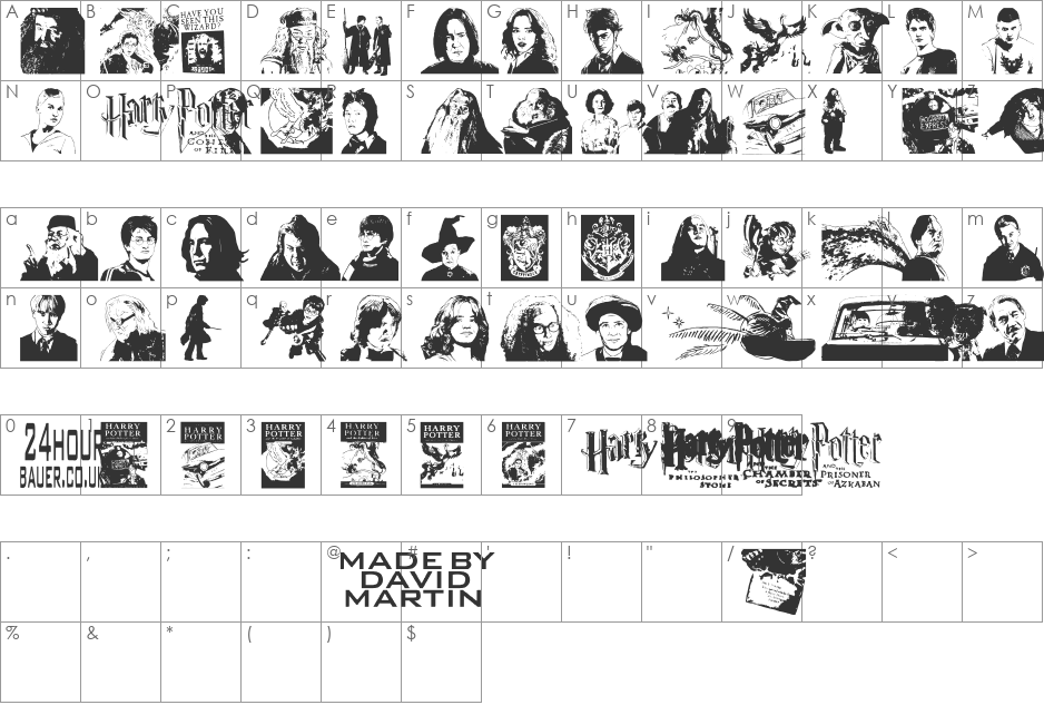 Harry Potter and the Dingbats font character map preview