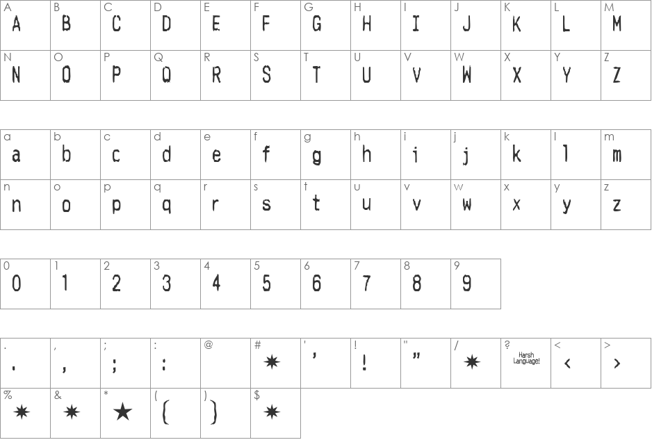 Harsh language font character map preview