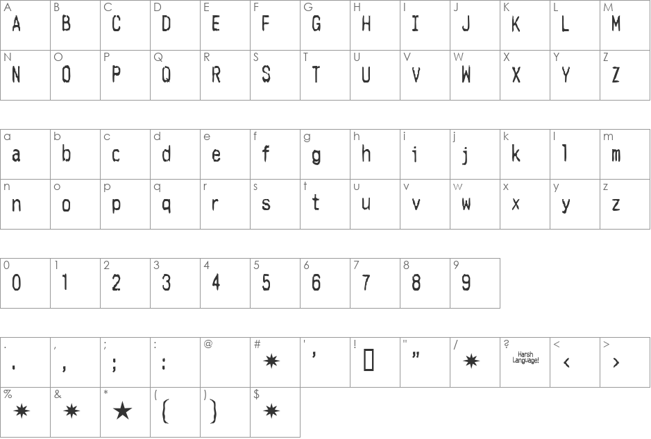 Harsh language font character map preview