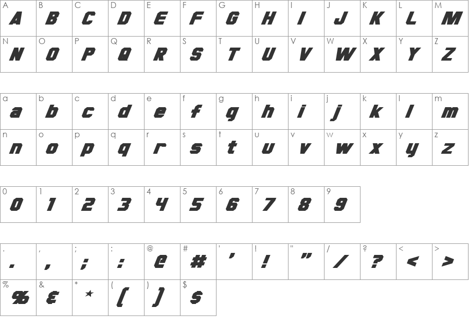 Hauser Oblique font character map preview