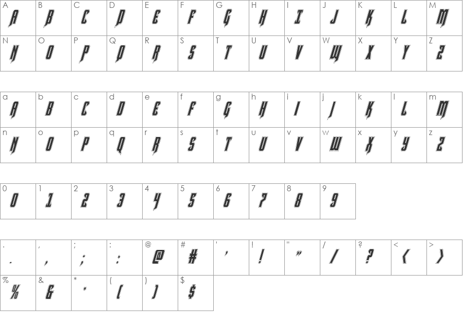 Hawkmoon Academy Italic font character map preview