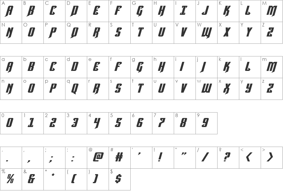 Hawkmoon Extra-expanded Italic font character map preview