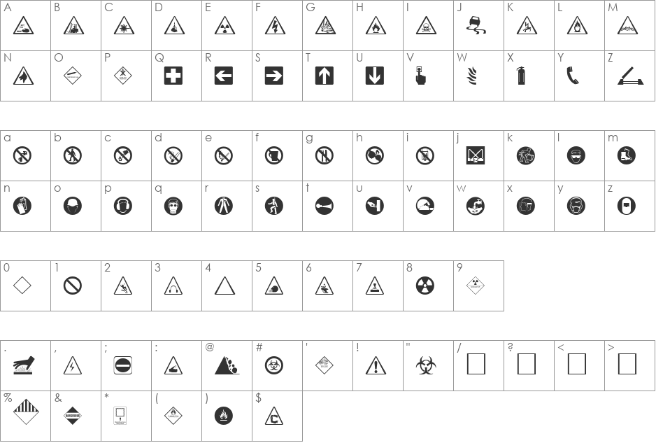 Hazard font character map preview