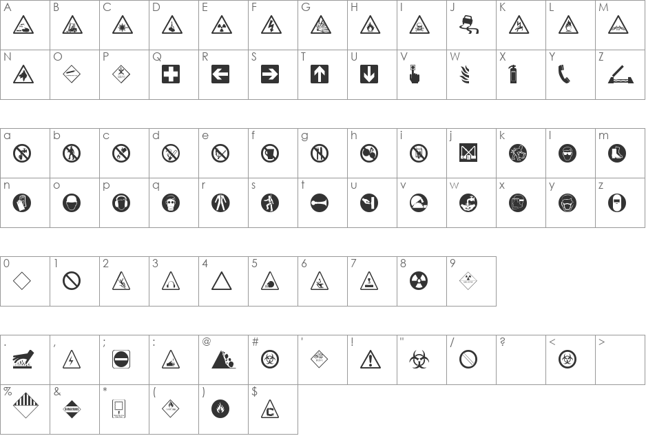 Hazard Signs font character map preview