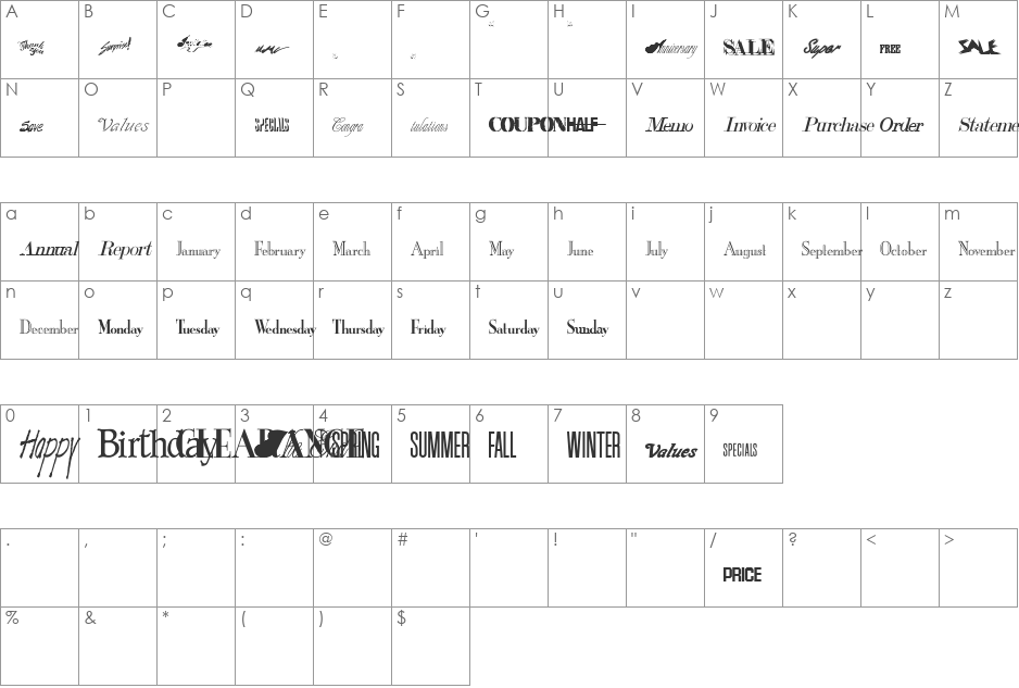 Headlines font character map preview