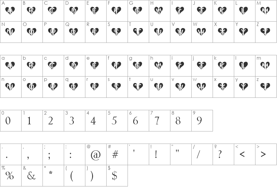 Heart Broken font character map preview