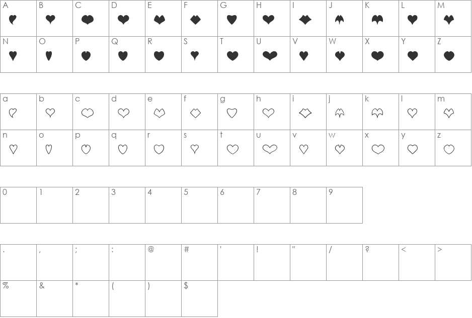 Heart Shapes font character map preview