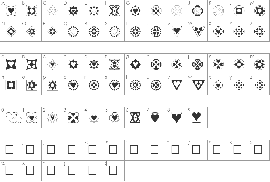 Heart Things font character map preview