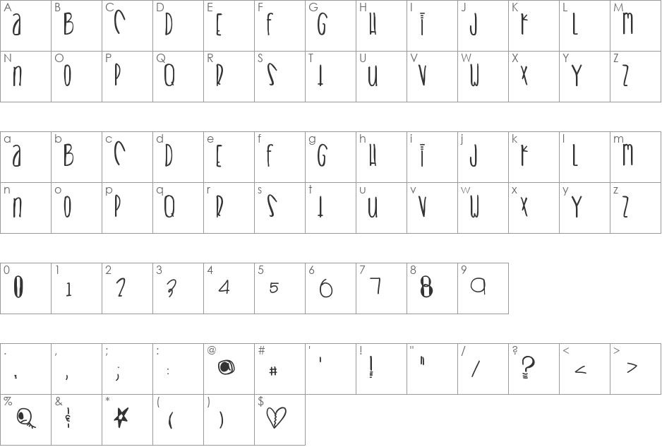 Heartbreaks font character map preview