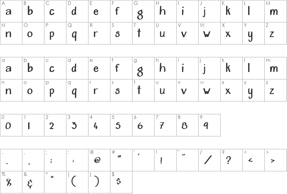 Hearthy font character map preview