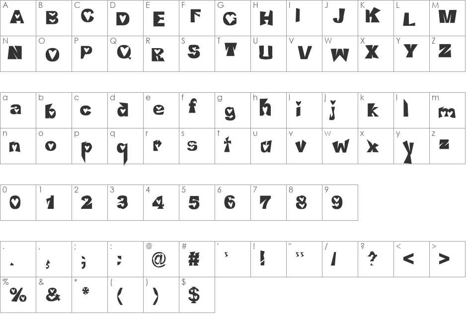 Heartless Valiumwhore font character map preview