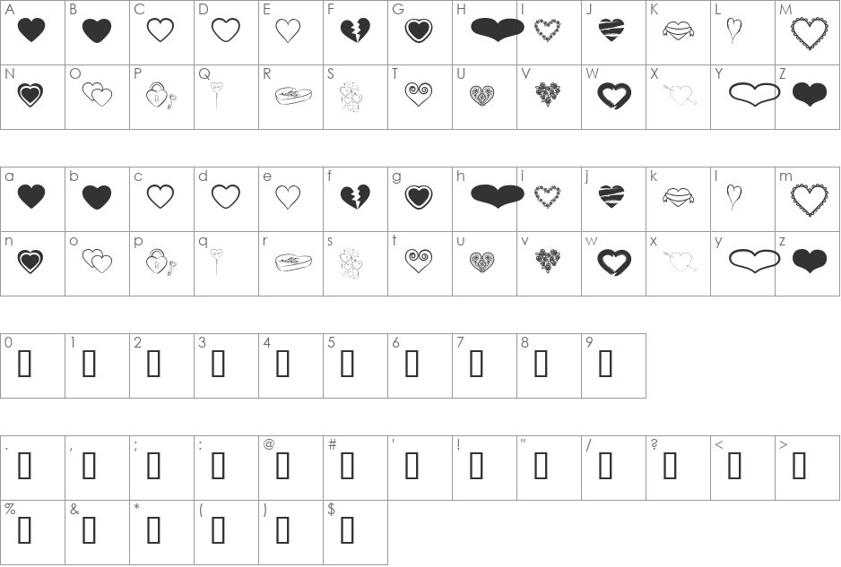 heARTs font character map preview