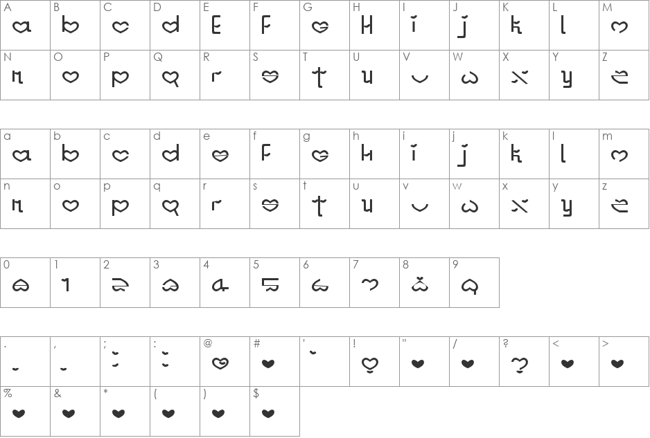 Hearts font character map preview