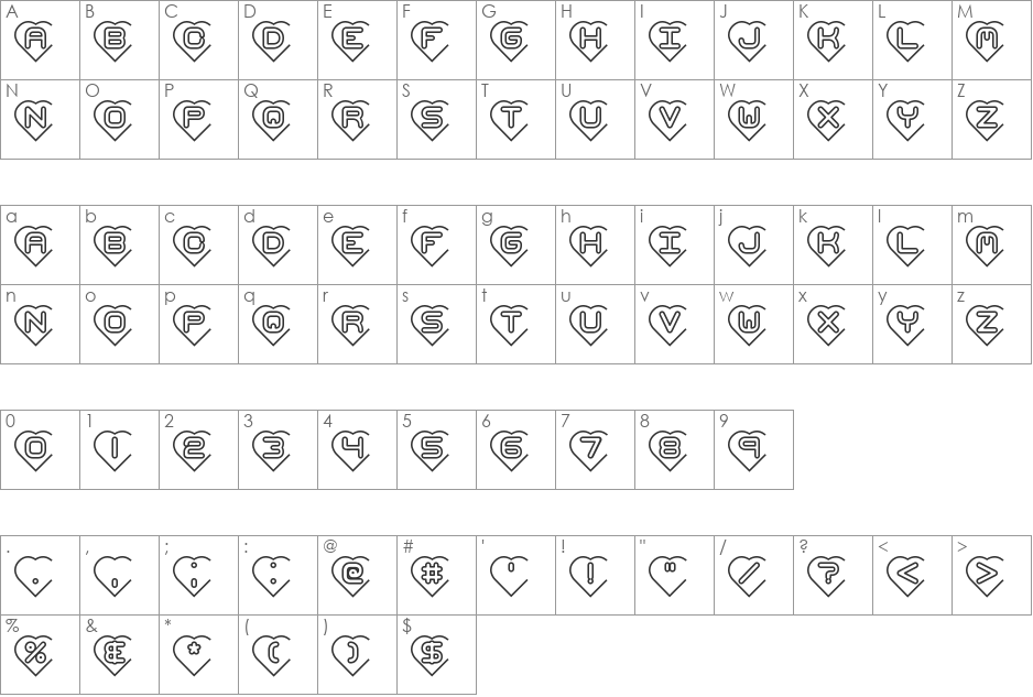 Hearts (BRK) font character map preview