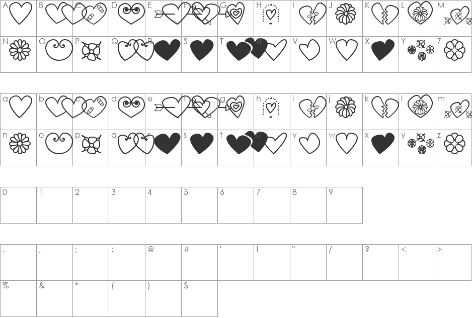 hearts and flowers for valentines font character map preview