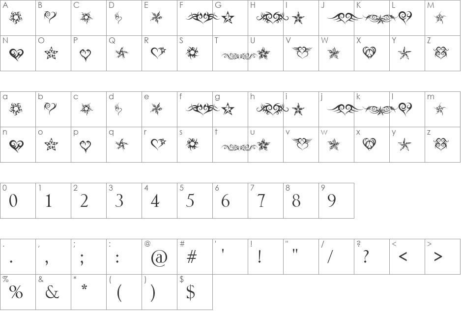 Hearts and Stars font character map preview