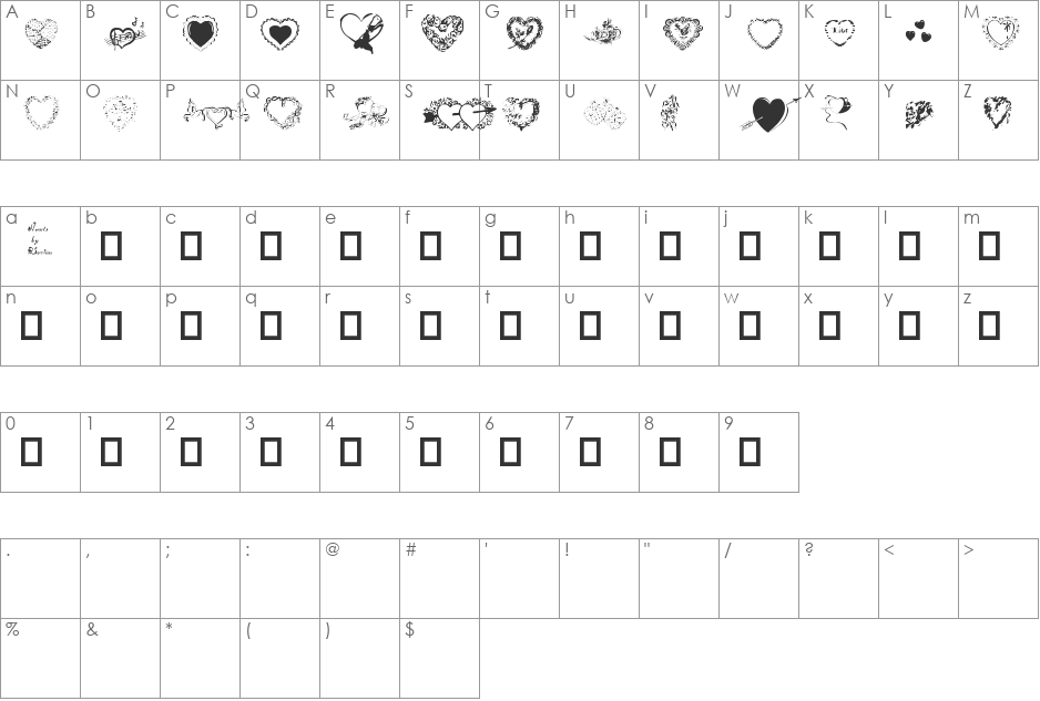 Hearts by Darrian font character map preview