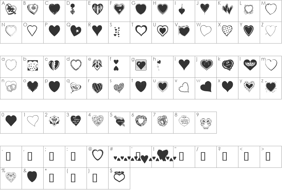 Hearts Galore font character map preview
