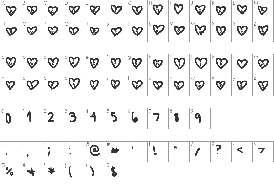 hearts love font character map preview