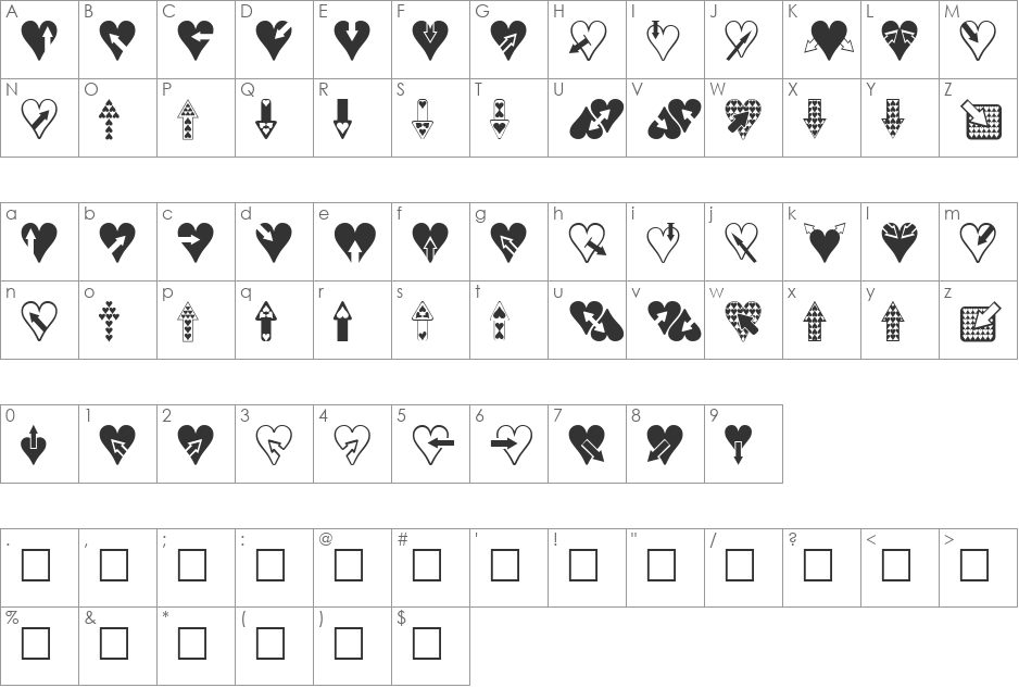 Hearts n Arrows font character map preview