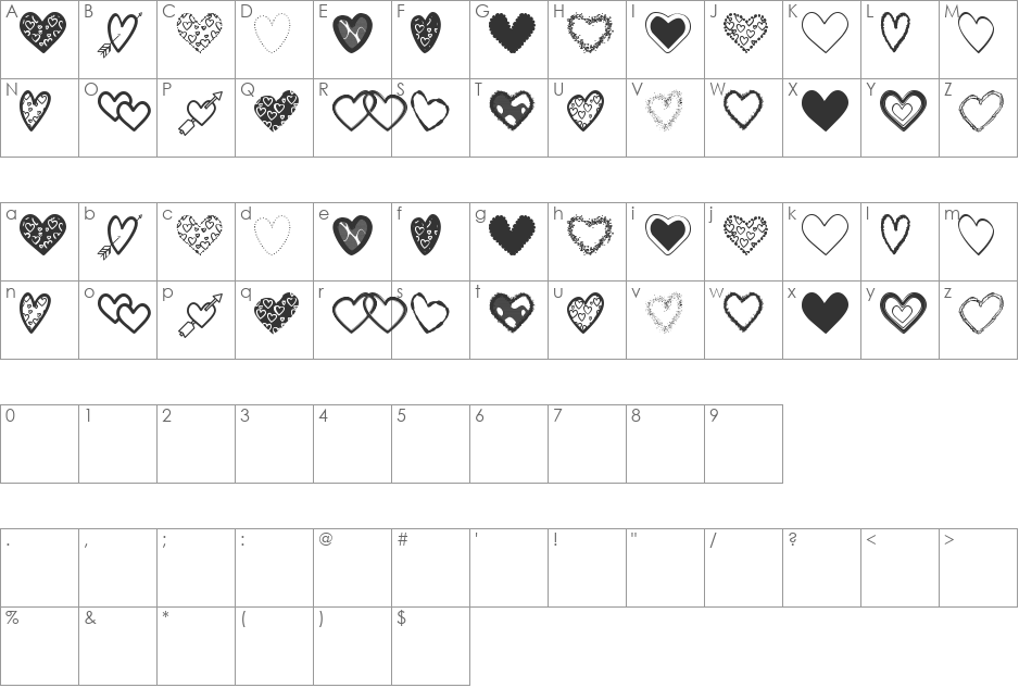 Hearts Shapes Tfb font character map preview