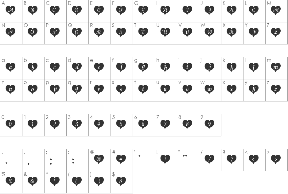 HeartWhite Becker font character map preview