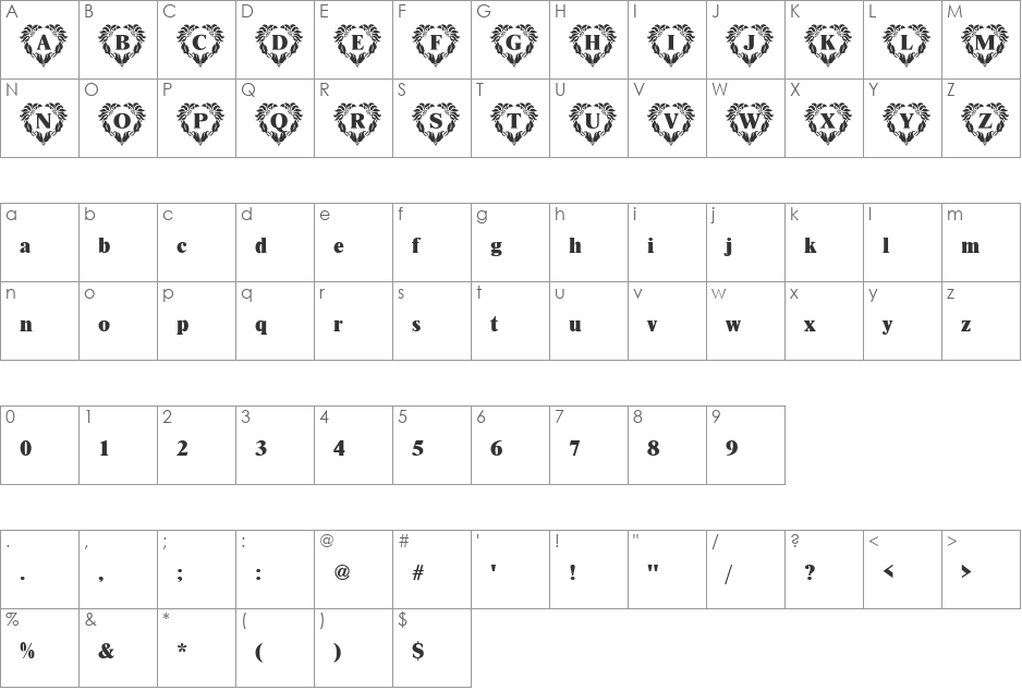 HeartWreath Becker font character map preview