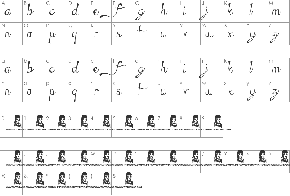 Hebrew Nights font character map preview