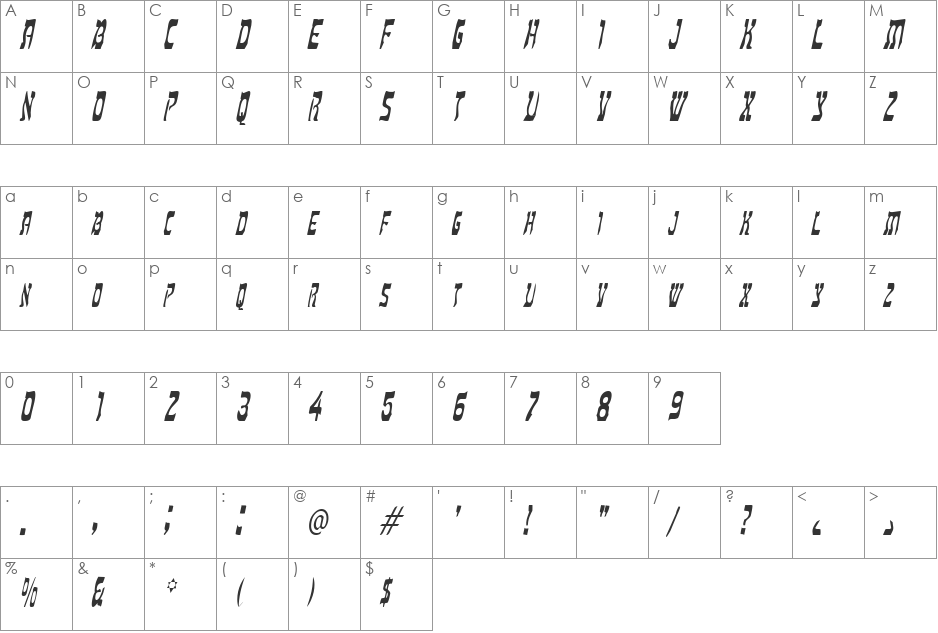 HebrewCondensed font character map preview