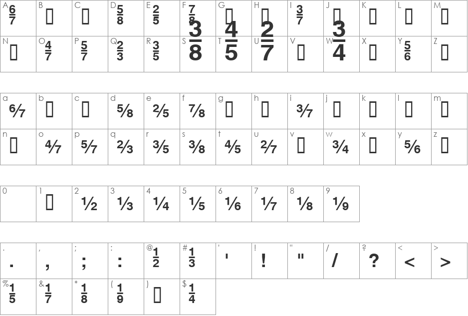 HeFractions font character map preview
