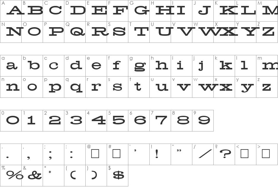Hefty font character map preview