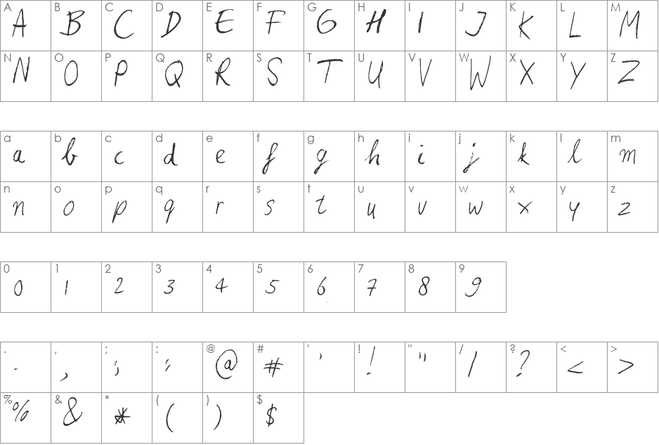 Heina's hurry font character map preview