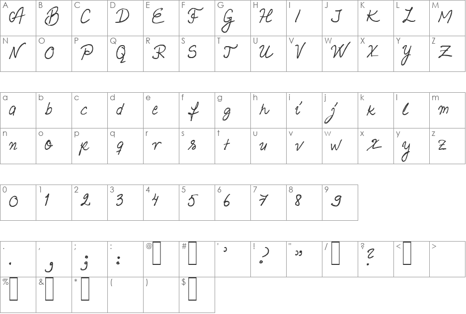 Helena Script font character map preview