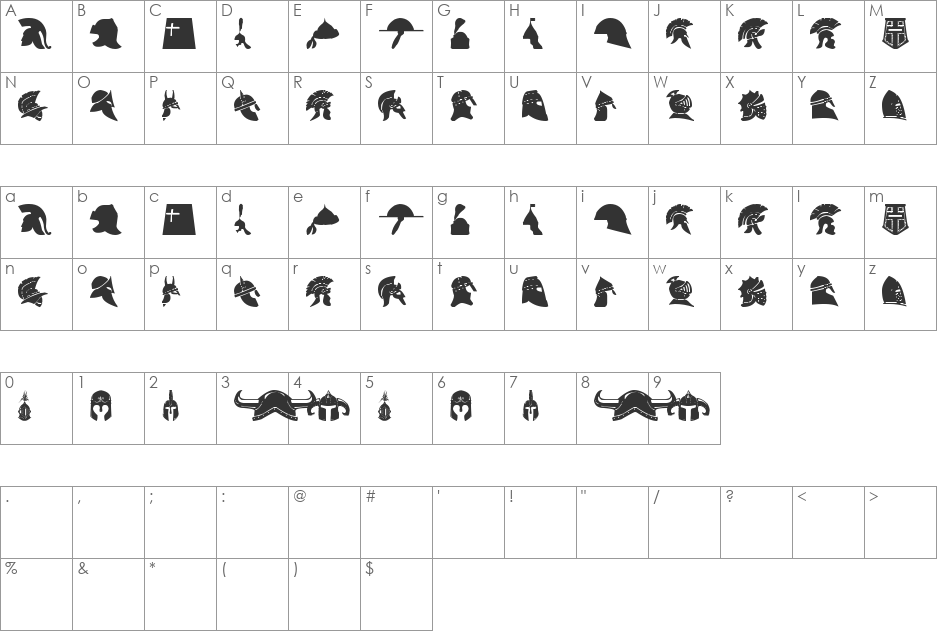 helmets font character map preview