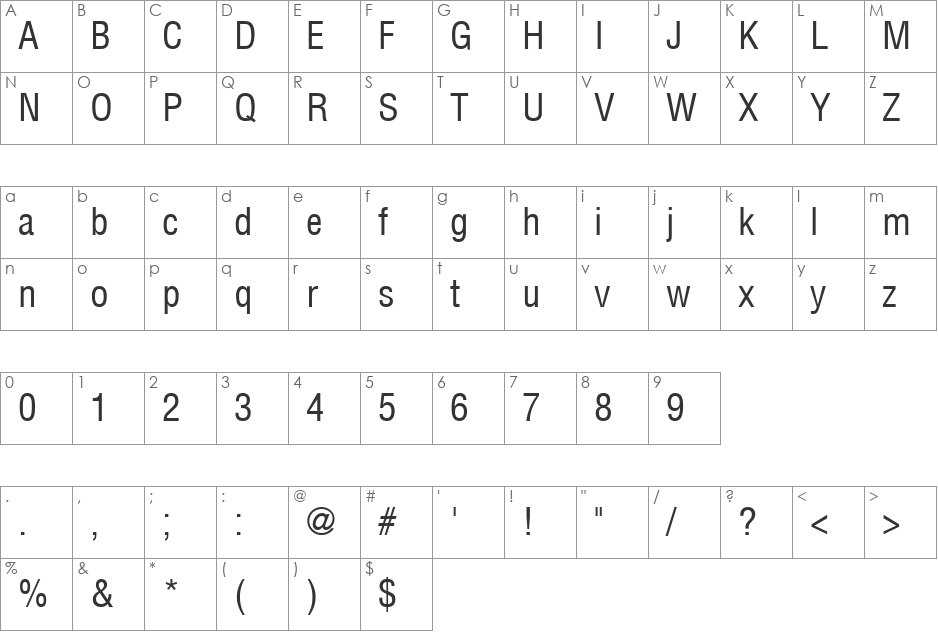 HelvCondensed font character map preview