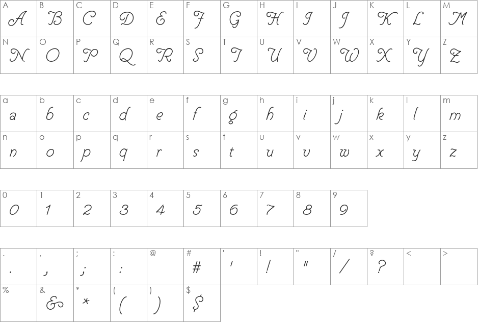Helve Cursive font character map preview