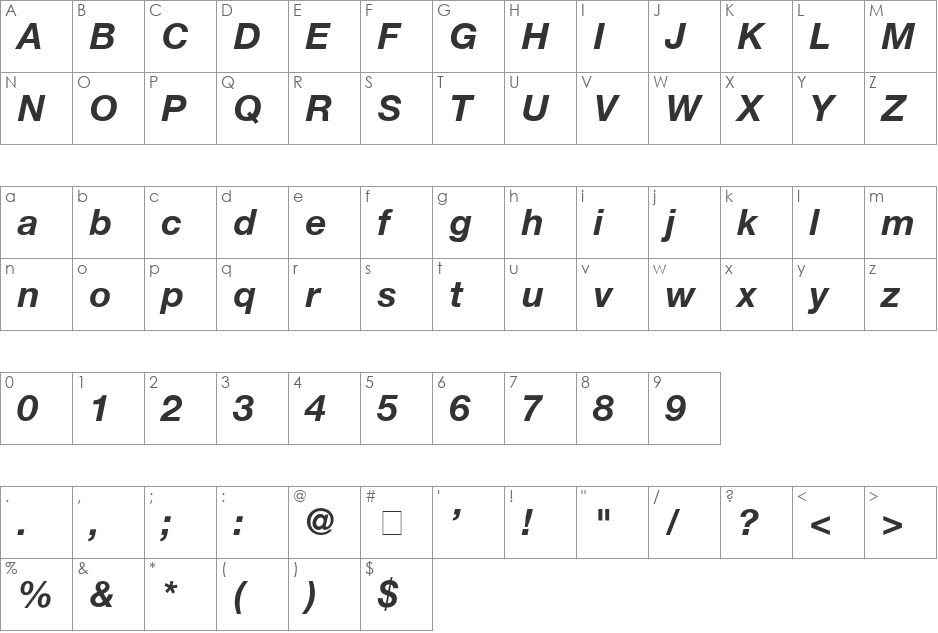 Helvetica-BoldItalic font character map preview