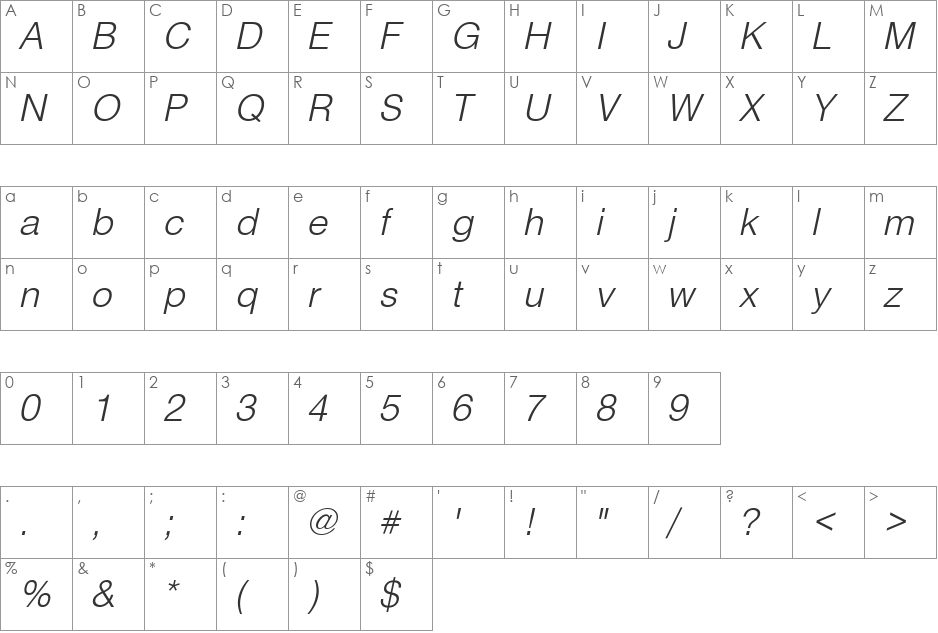 Helvetica-Light font character map preview