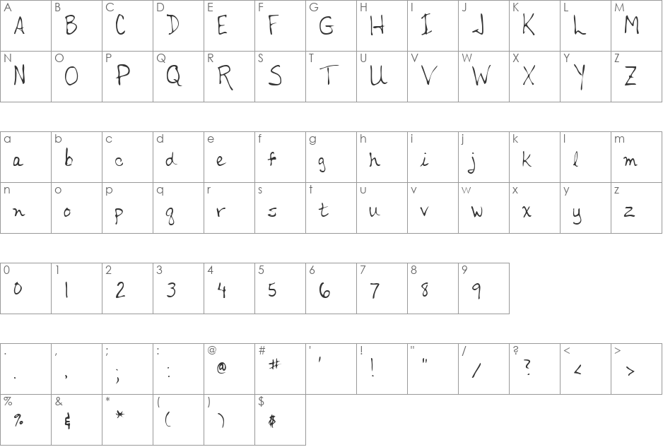 HenrysHand font character map preview