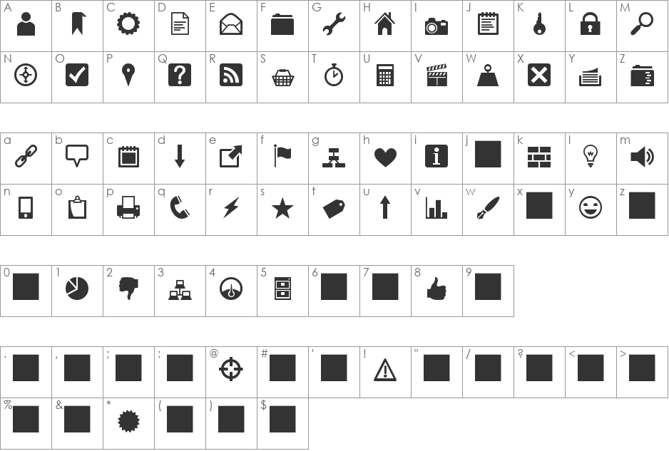 Heydings Common Icons font character map preview