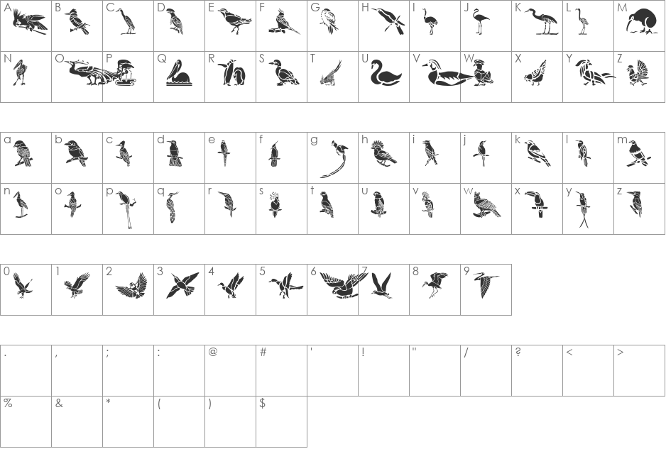 HFF Bird Stencil font character map preview